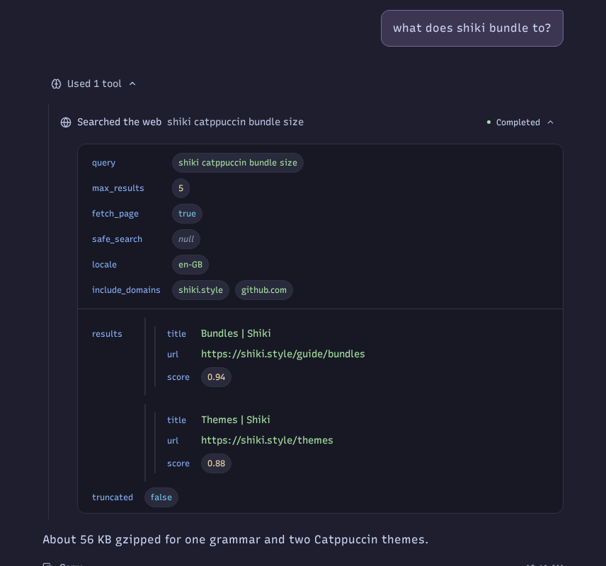 One turn in the q15 browser client: the question, a tool call whose arguments are rendered as fields, and the answer.