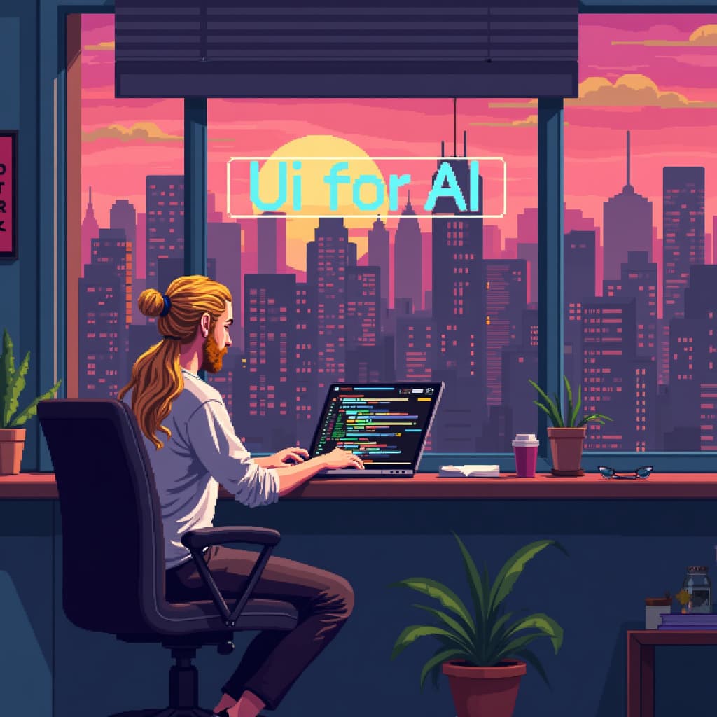 A cozy home office depicted in 90s 16-bit VGA pixel art style during the golden hour. A regular working-age person is sitting at a desk with a neon-colored laptop showing pixelated lines of code. A steaming cup of coffee and a small plant are also on the desk. The person is engaged in a video call, symbolizing success in web development. The background features retro-tech elements like pixelated cassette tapes and old-school robots. A small rubber duck is subtly placed on the desk, adding a playful touch.