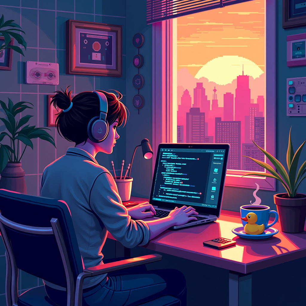 A cozy home office depicted in 90s 16-bit VGA pixel art style during the golden hour. A regular working-age person is sitting at a desk with a neon-colored laptop showing pixelated lines of code. A steaming cup of coffee and a small plant are also on the desk. The person is engaged in a video call, symbolizing success in web development. The background features retro-tech elements like pixelated cassette tapes and old-school robots. A small rubber duck is subtly placed on the desk, adding a playful touch.