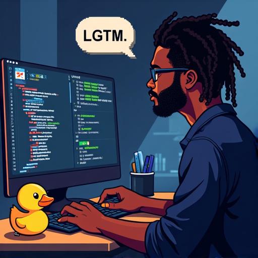 A developer sits at a desk, reviewing code on a monitor with the text bubble "LGTM" (Looks Good To Me) displayed. The scene highlights the process of code review and version control. A rubber duck, symbolizing debugging, is placed on the desk. The setting emphasizes the importance of careful code management and review in the development process.