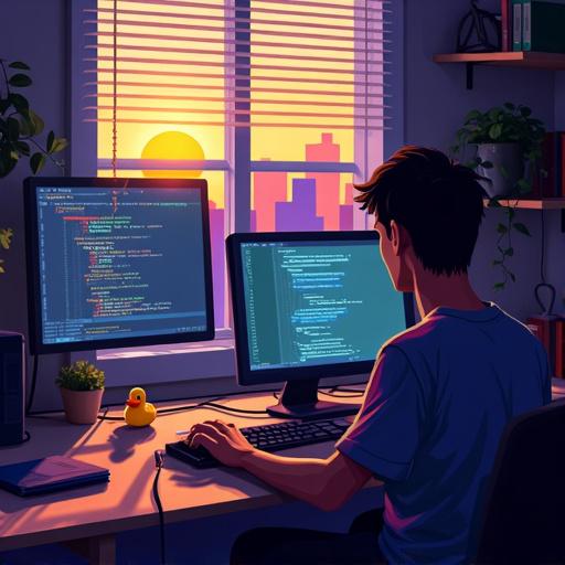 A young developer working on code at his desk during sunset, with two monitors displaying programming code. The warm glow of the sunset contrasts with the cool tones of the room, creating a focused yet relaxed atmosphere. A rubber duck sits on the desk, likely used for debugging, and plants add a touch of nature to the workspace.